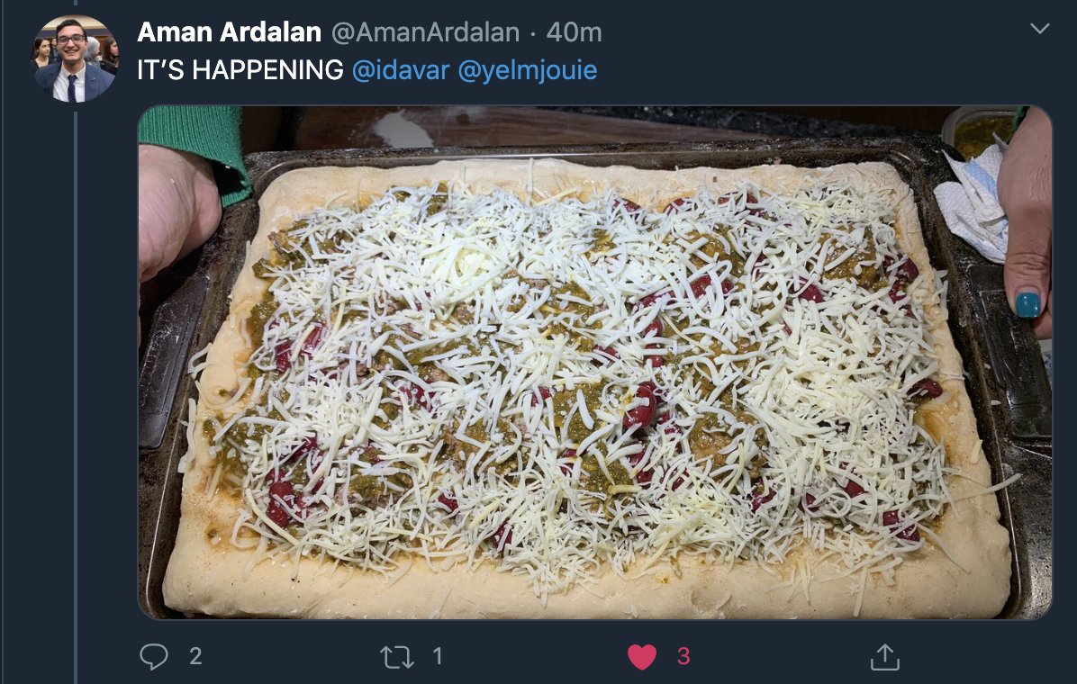 2. First up, this beautiful specimen from  @AmanArdalan and  @idavar! That dough looks extra crispy!  #GhormehSabziPizza