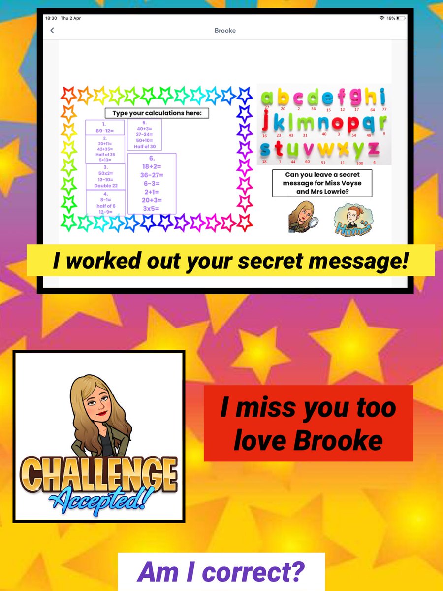 WCPSc2024's tweet photo. After a long day at school today, it was lovely to come home and discover some of you have left secret messages on your maths seesaw activity! I’m so happy you cracked my code that I completed your questions. Did I get your message correct? #WCPSmaths #WCPSHomeLearning https://t.co/XjGl4FVr4l