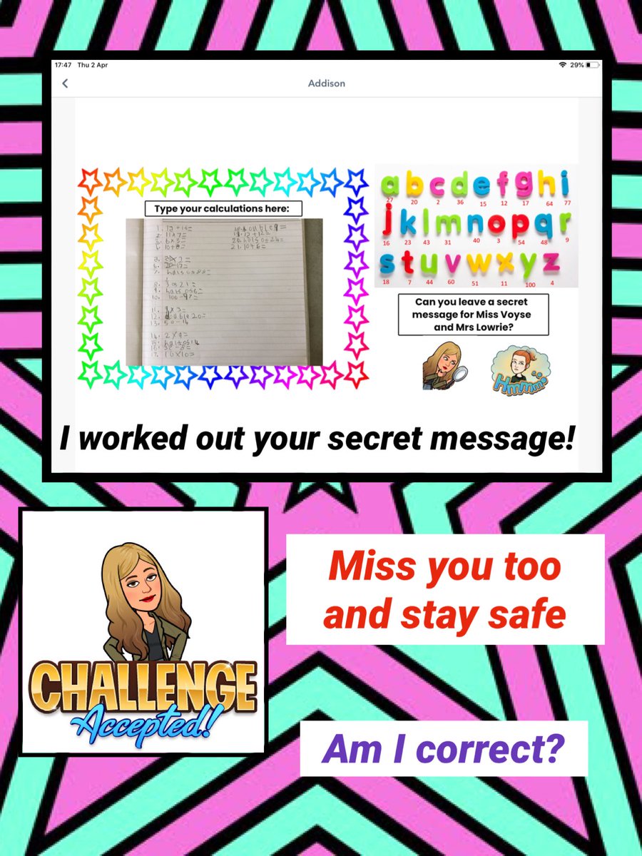 WCPSc2024's tweet photo. After a long day at school today, it was lovely to come home and discover some of you have left secret messages on your maths seesaw activity! I’m so happy you cracked my code that I completed your questions. Did I get your message correct? #WCPSmaths #WCPSHomeLearning https://t.co/XjGl4FVr4l