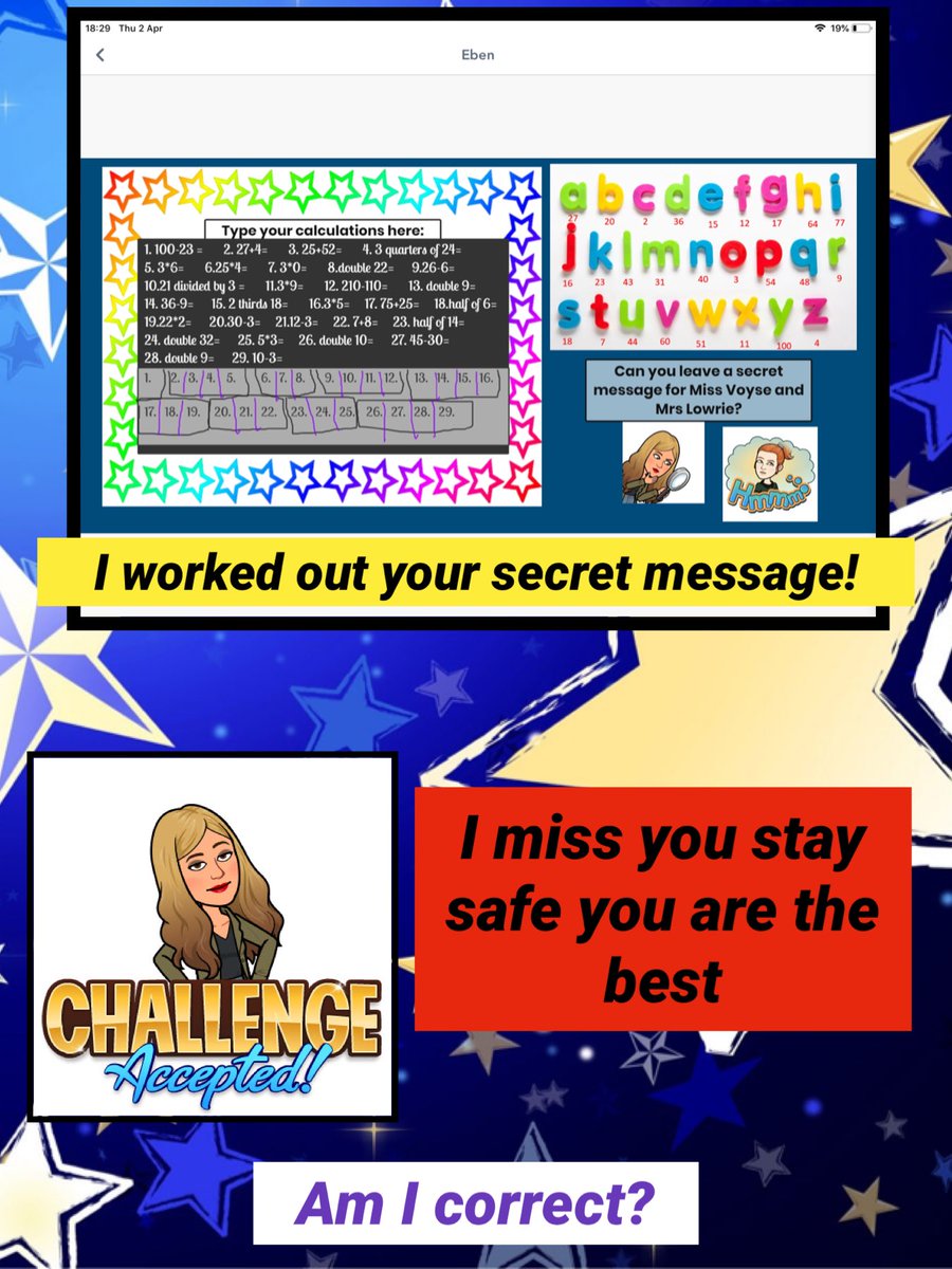 WCPSc2024's tweet photo. After a long day at school today, it was lovely to come home and discover some of you have left secret messages on your maths seesaw activity! I’m so happy you cracked my code that I completed your questions. Did I get your message correct? #WCPSmaths #WCPSHomeLearning https://t.co/XjGl4FVr4l