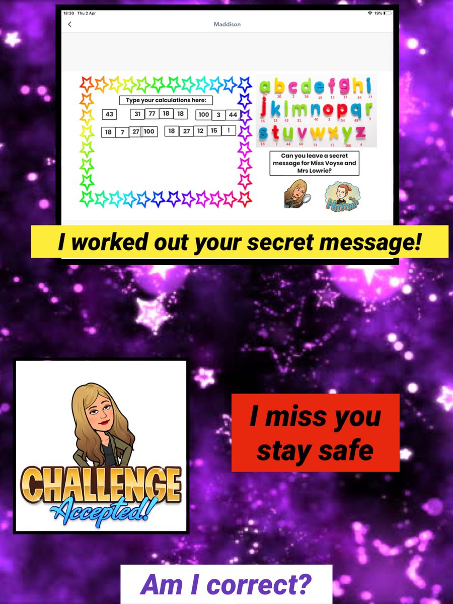 WCPSc2024's tweet photo. After a long day at school today, it was lovely to come home and discover some of you have left secret messages on your maths seesaw activity! I’m so happy you cracked my code that I completed your questions. Did I get your message correct? #WCPSmaths #WCPSHomeLearning https://t.co/XjGl4FVr4l