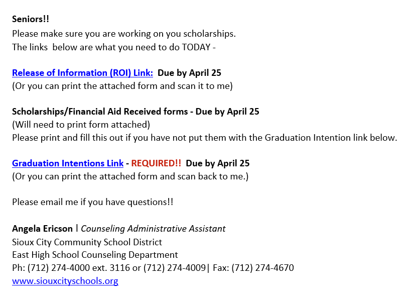 Seniors! Very important! We need the info below from you as soon as possible. Check your school email from Mrs. Ericson with the links and attachments you will need to complete. @BlackRaidersEHS <a href="/GEARUPSiouxCity/">GEAR UP Sioux City</a>