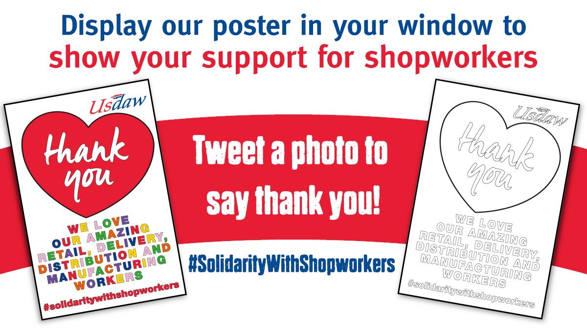 Our posters are a great way to show your support for our amazing retail workers. Print it out or redraw it, put it up in your window, and send us a photo! Get the posters and more info here 👉 usd.aw/2Jv7o3I #SolidarityWithShopworkers #ClapForKeyWorkers