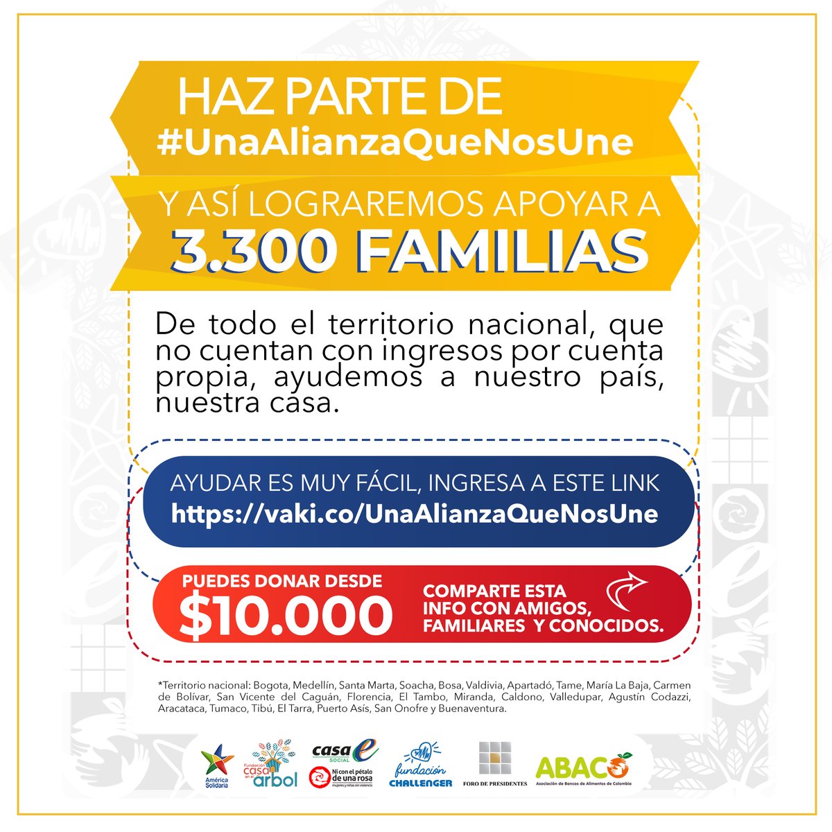 AmericaSolCol's tweet image. Haz parte de #UnaAlianzaQueNosUne y así lograremos apoyar a 3.300 #familias 👨‍👩‍👧‍👦 de todo el territorio nacional 🌎, que no cuentan con ingresos por cuenta propia 💵, ayudemos a #NuestroPais 🇨🇴,  #NuestroHogar 🏠 ayudar es muy fácil 👇 ingresa a este link vaki.co/UnaAlianzaQueN…