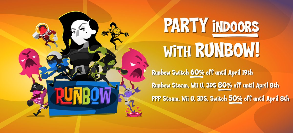 13amgames's tweet photo. We love partying, but we want to encourage you to party indoors, online, while social distancing. So we put #Runbow and #PiratePopPlus on sale on Switch/PC/Wii U/3DS!

Runbow Switch: https://t.co/csAcjo0zY6
Runbow Steam: https://t.co/0TmjX0aJoT
PPP Switch: https://t.co/3di7BhfsgD https://t.co/ffXMbGA9YC