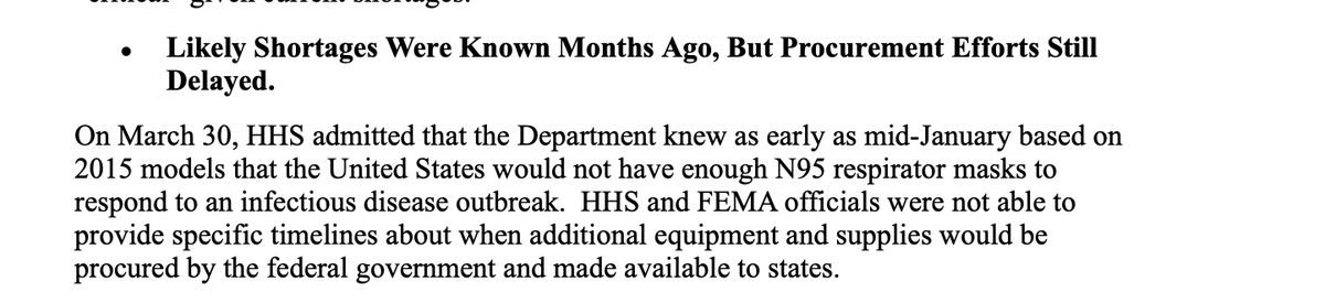 and this!HHS admitted that the Dept knew as early as mid-Jan based on 2015 models that the US wouldn't have enough N95 respirator masks to respond to an outbreak. HHS and FEMA officials were not able to provide specific timelines about when additional equipment would arrive.