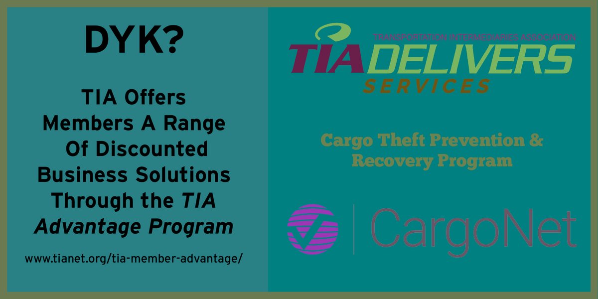 tianetdotorg's tweet image. @3PLAssociation offers members a range of discounted business solutions through the #AdvantageProgram, including Cargo Theft &amp;amp; Recovery programs. Learn more today: bit.ly/2Udt9Ki 

#TIA #3PL #Logistics #TIADelivers