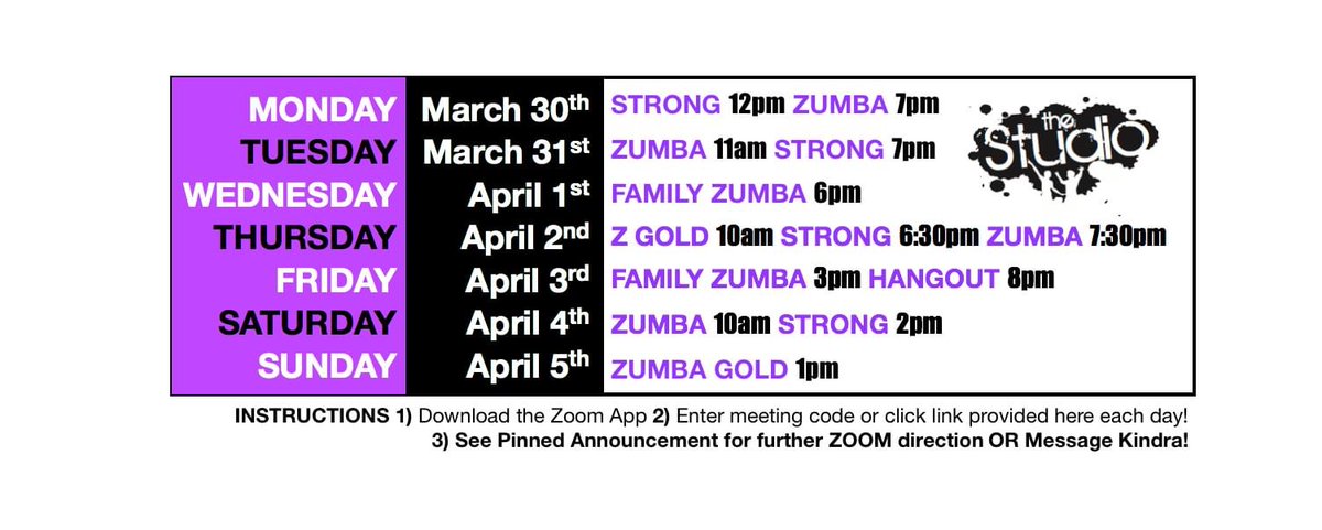 nulakers's tweet photo. The Studio North Bay is offering STRONG, Zumba, Zumba gold and Family Zumba (kid and adult friendly).
Note: The students would have to join our “studio North bay members” Facebook group to get the zoom codes each day. https://t.co/Z8kDxMYVlO
