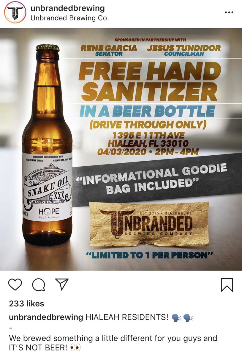 Thank you, @UnbrandedBrew for producing free hand sanitizer for @cityofhialeah residents!
