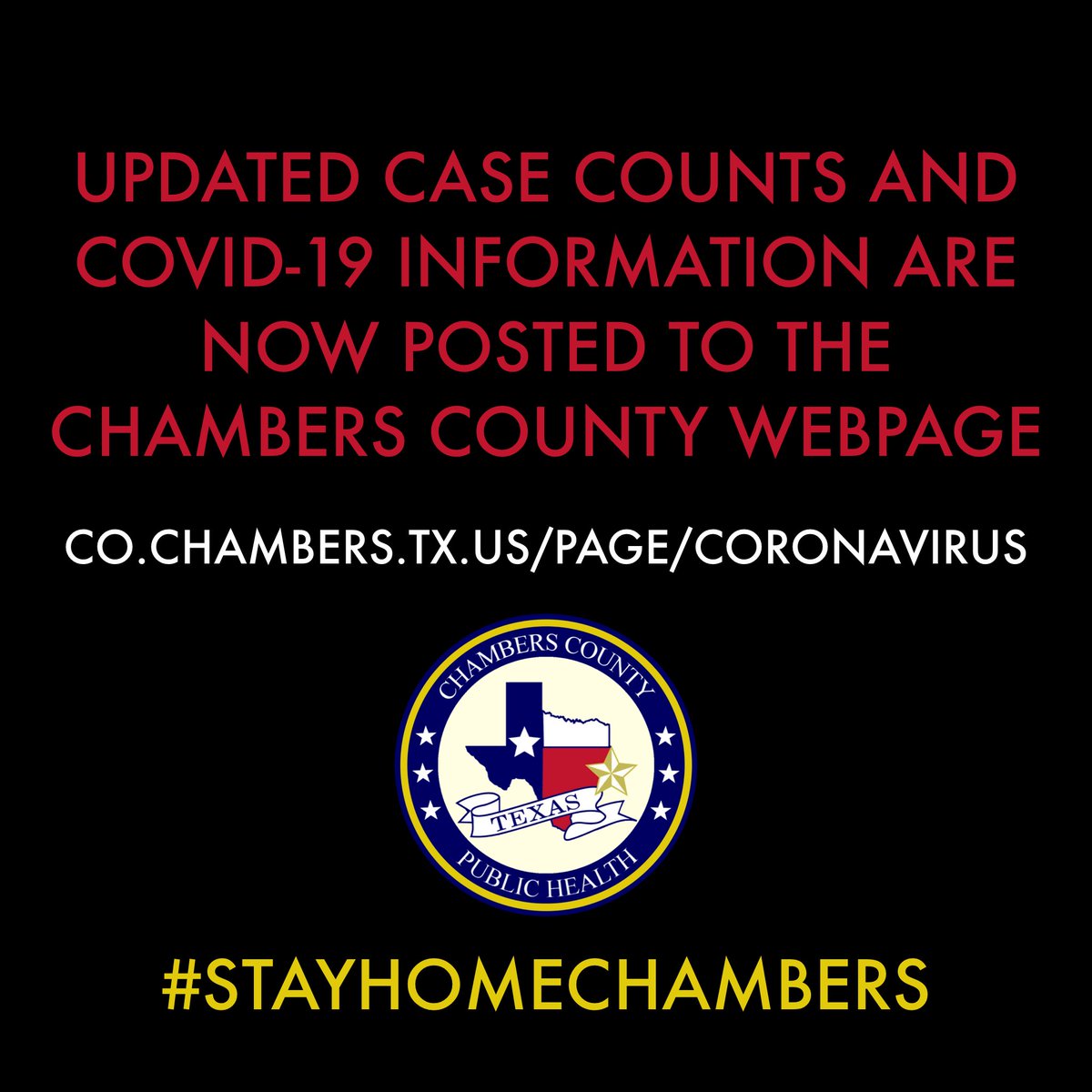chambers_county's tweet photo. Have you checked out our website? We post information, daily updates and case counts there. #stayhomechambers https://t.co/kqR4lKVqDe https://t.co/nsU5b7mxY2