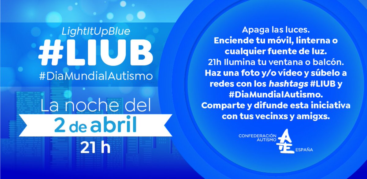 pacientesPOP's tweet photo. Para terminar el #DíaMundialAutismo #2Abril desde @AutismoFESPAU y @Autismo_Espana nos proponen unirnos al #LIUB a las 21h: apagar las luces y encender nuestro móvil 📱, linterna 🔦 o fuente de luz por las personas con #TEA #autismo y compartirlo en #rrss. ¿Te apuntas? https://t.co/xrlHSPzi6s
