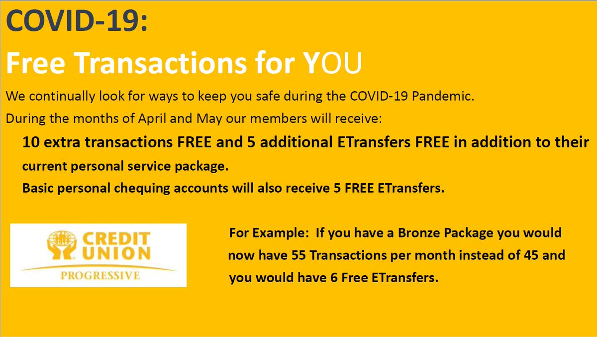 ProgressiveCU's tweet image. IMPORTANT UPDATE RE: SERVICE CHARGES

For April and May we have updated our service charge packages to include additional card transactions and e-transfers. 

Even without a package, you can get 5 free e-transfers each month. 

Please stay home as much as you can and stay safe!