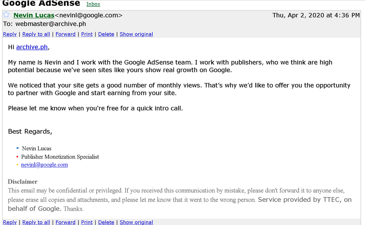 archiveis's tweet image. In 2020, Google AdSense recruiting publishers using email spam.

I remember the times when it was a privilege to get an account there. Weeks-long approval queue. Random blocks.