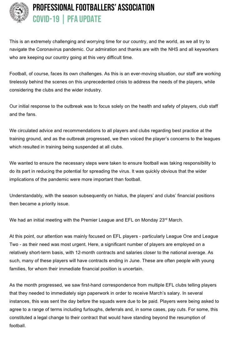 Statement in detail from the Professional Footballers’ Association: We are aware of the public sentiment that the players should pay non-playing staff’s salaries. However, our current position is that as businesses if clubs can afford to pay their players and staff, they should”
