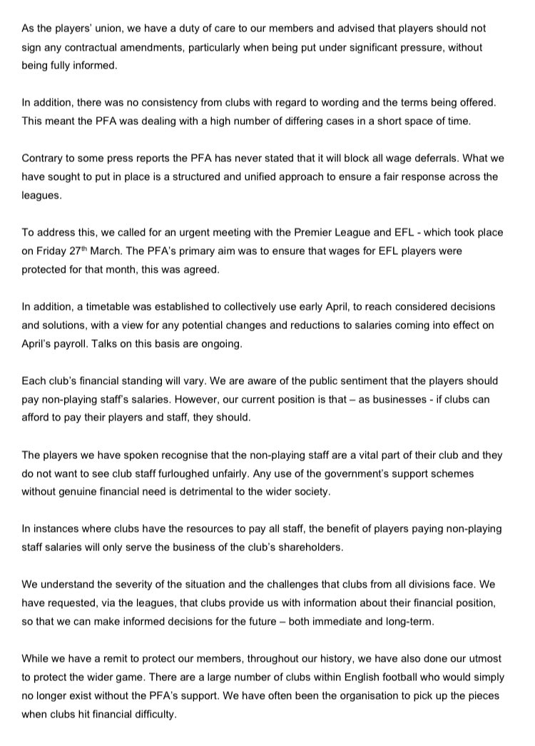 Statement in detail from the Professional Footballers’ Association: We are aware of the public sentiment that the players should pay non-playing staff’s salaries. However, our current position is that as businesses if clubs can afford to pay their players and staff, they should”