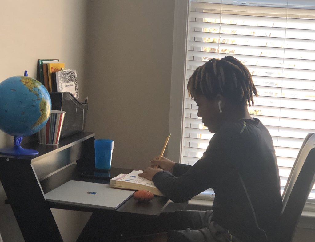 DennisDanah's tweet photo. Our new normal. Going to miss @CogburnWoodsES and the 5th grade graduation activities @CogburnWoodsPTO had planned but I keep reminding myself to focus on what’s important. We are safe at home! 🏡 Thank you @FultonCoSchools for doing the right thing! #teleschool #feathertogether https://t.co/m9cqUPmyqv