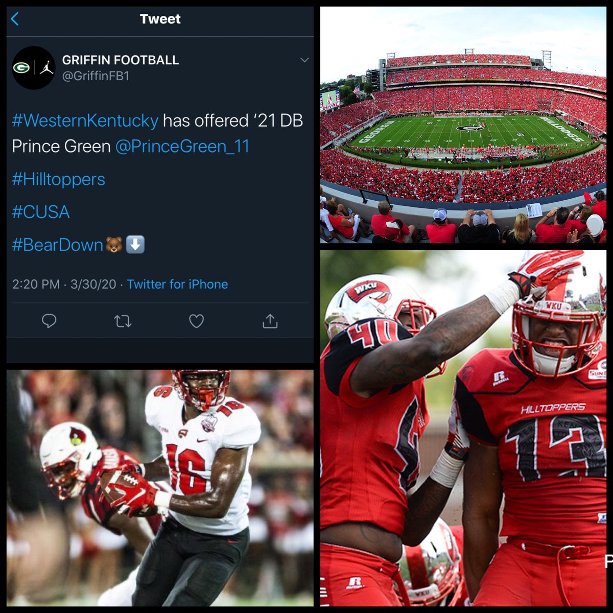PrinceGreen_11's tweet photo. Thankful &amp; Blessed to receive an offer from @WKUFootball! @CFravel247 @ChadSimmons_ @andrewsDBU @CoachReid99 @_Coach_O @CamNewton7v7 @GriffinFB1 https://t.co/KnwEZ9ENry