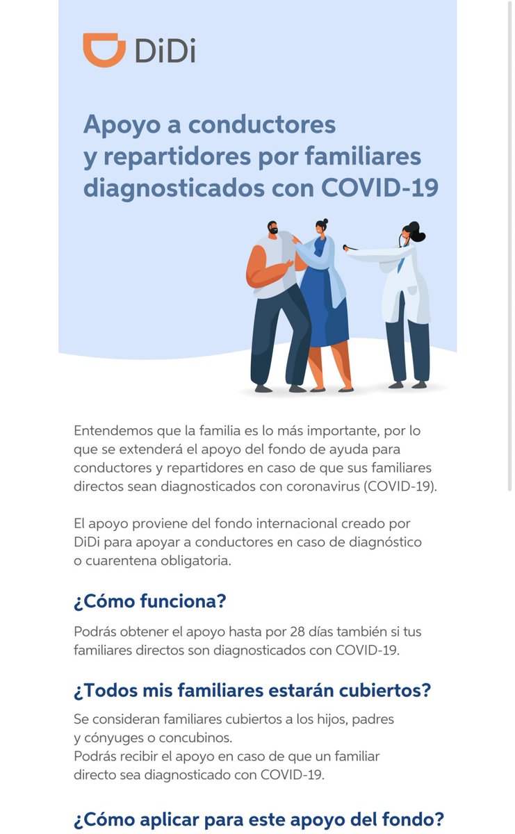 La empresa digital de transporte DIDI brindará a conductores y repartidores que tengan familiares diagnosticados con Covid-19 un apoyo de hasta por 28 días. 👏🏻🇲🇽<a href="/DiDi_Mexico/">DiDi México</a>