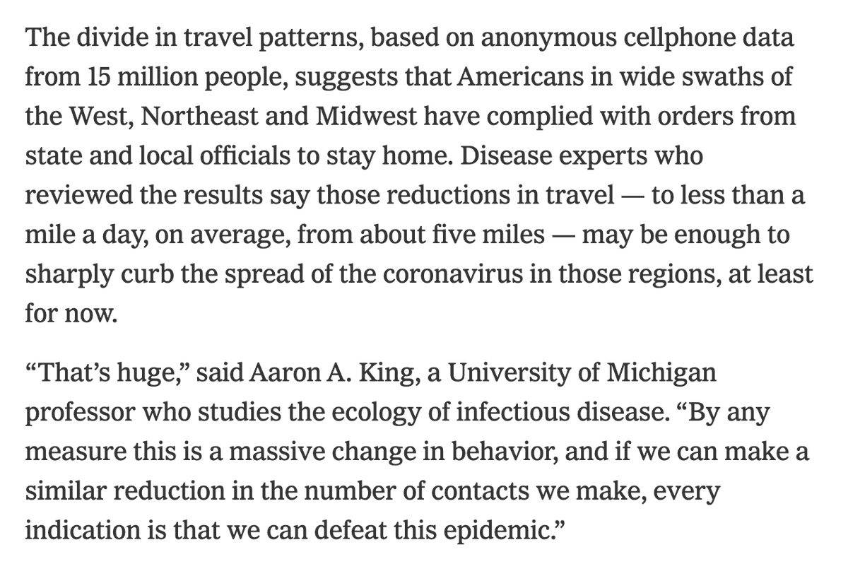 We found that in all types of areas — rural, urban, Northern, Southern — once a stay-at-home order was issued, people cut travel by very large amounts. Experts said this suggests the policies are working — and may be enough to bend the curve of the epidemic in those places.