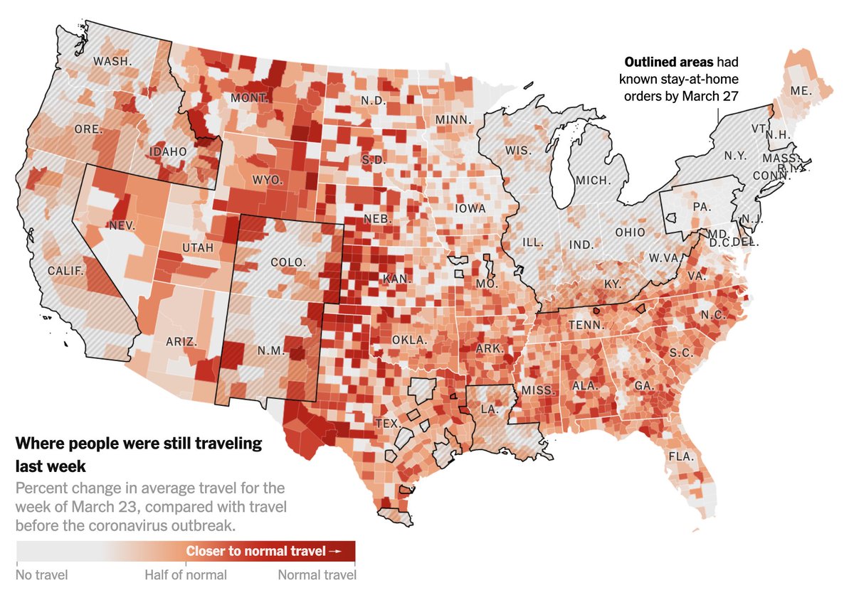 A map with the story shows the percent reduction in travel, which directly accounts for typical behavior. Those reductions were about as significant in Louisiana and West Virginia, where stay-at-home orders were enacted last week, as they were in the rest of the country.