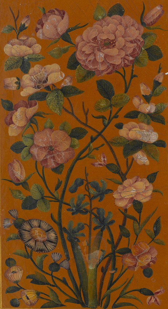 Flowers, binding detail, Arabic Prayerbook, A.H. 1150 / 1738 C.E. Ink, opaque watercolor, and gold on paper; lacquered papier maché binding