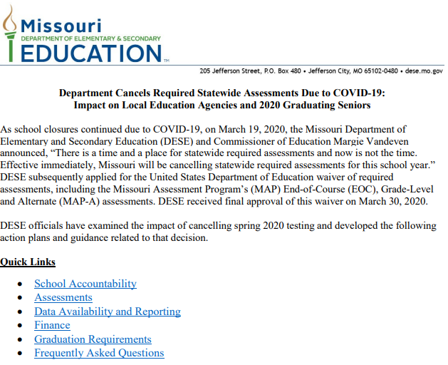 MOEducation's tweet photo. DESE officials have examined the impact of cancelling spring 2020 testing, specifically on local education agencies and 2020 graduating seniors. Read the new information here:

https://t.co/aaKKSmgCG0 https://t.co/pcg004XlS5