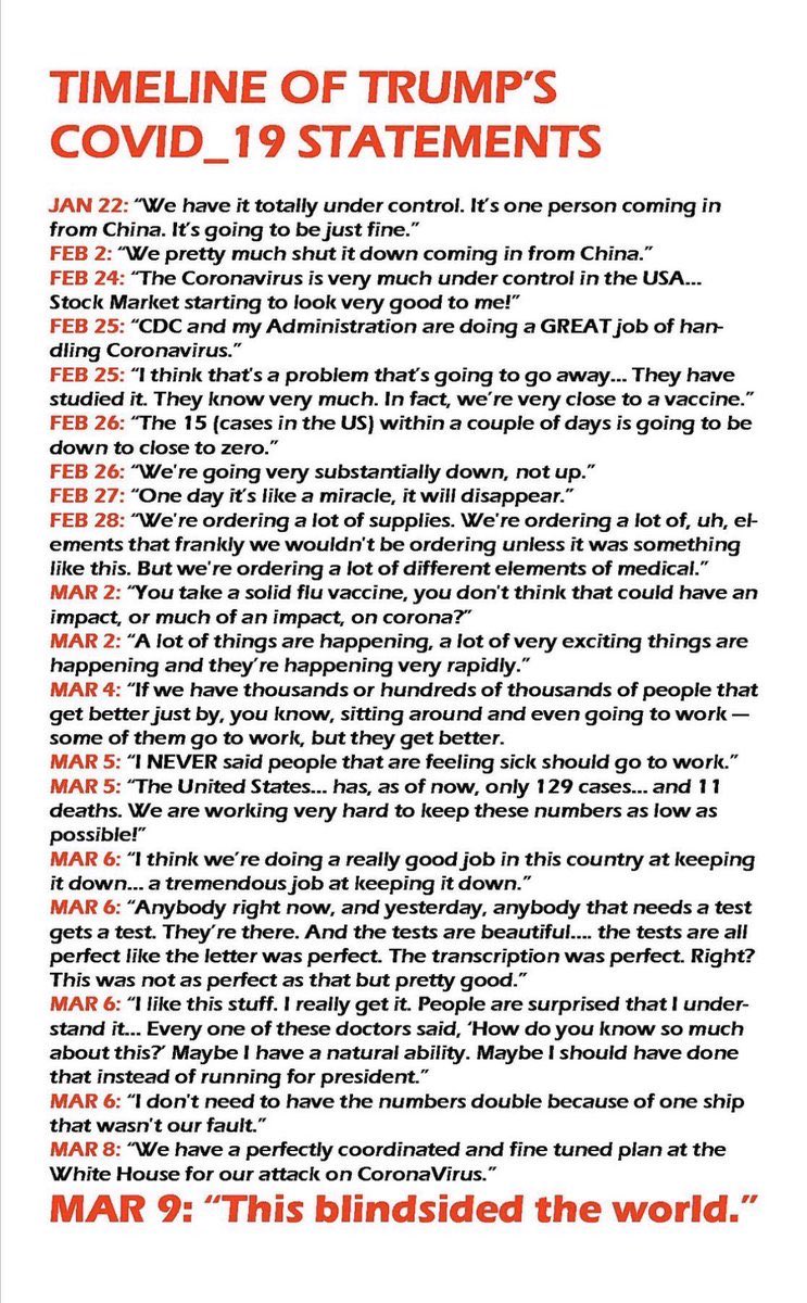 Once March arrived and the bodies began to pile up, Trump dropped the hoax lies. It took so long for  #FoxNews to catch up on the head-snapping change of course, some still say it's a Democrat hoax.Trump spent March 2020 with lies, misdirection and mind bending incompetence!