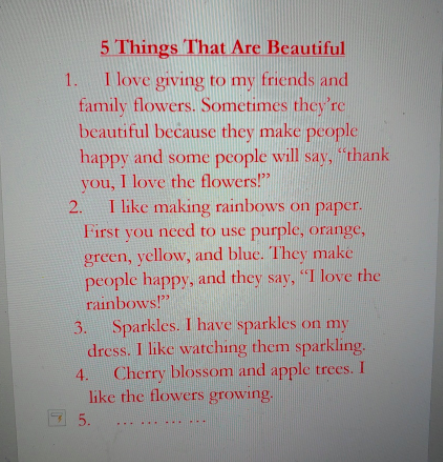 PatriciaMGN's tweet photo. Today I asked my little ones to do a special socio-emotional activity to say 5 things that they found beautiful in this world, one of them sent me drawn hearts and one of the girls expressed what you see on the written sheet with the help of her Mommy. Filling my heart. #CCAPray https://t.co/Kh2n0KG0OR