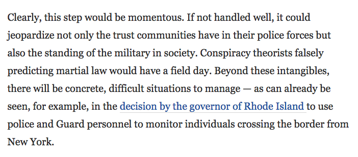 And what makes these fascists hesitant to take this step?"it could jeopardize not only the trust communities have in their police forces but also the standing of the military in society"