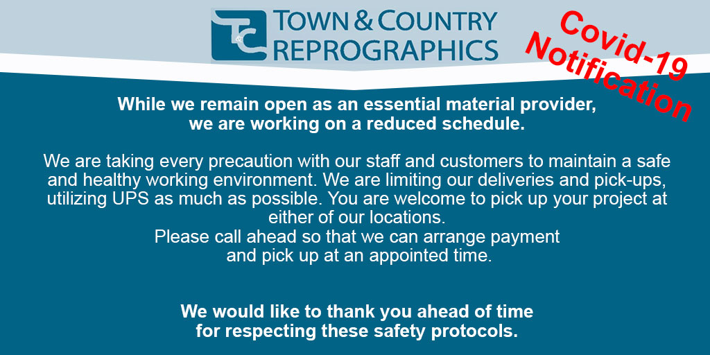 TCRepro's tweet image. While we remain open as an essential material provider, 
we are working on a reduced schedule, taking every precaution with our staff and customers to maintain a safe and healthy working environment. We are limiting our deliveries and pick-ups, utilizing UPS as much as possible.