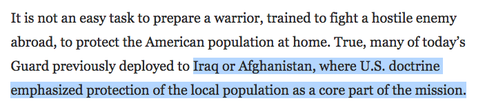 Who really thinks "U.S. doctrine emphasized protection of the local population as a core part of the mission" in Iraq & Afghanistan?