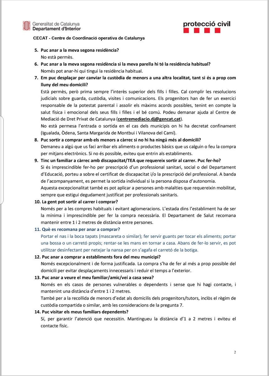 emergenciescat's tweet photo. ⚠️ Nou FAQs de #ProteccioCivil sobre restriccions per l'estat d'alarma pel #coronavirus amb novetats pel que fa a sepelis (pregunta 46), reparació d'urgència (99) i mercats setmanals (100) (tuit 1/3) https://t.co/jtVHW1wKnh