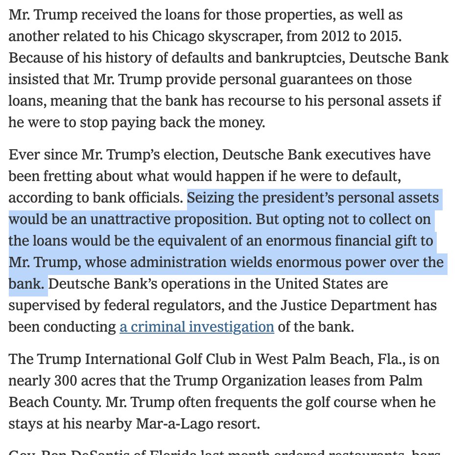 Deutsche Bank execs have been worried about a scenario like this for years. They told me they’ve feared the choice of angering  @realDonaldTrump vs. giving a very lucrative financial gift to the president. Both options are ugly.