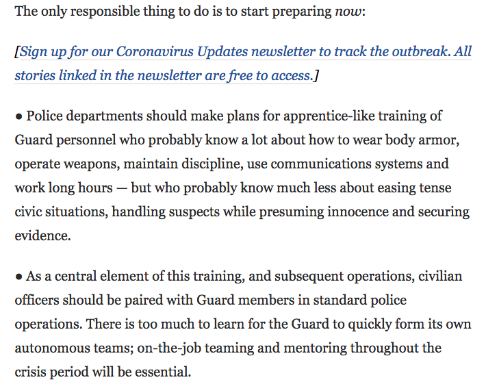 They want to prepare for this *now.*And either these people believe their own imperialist  #copaganda or they think we're all stupid. They're seriously talking about training armed forces to do "community policing" (which proves that "community policing" has always been a joke).