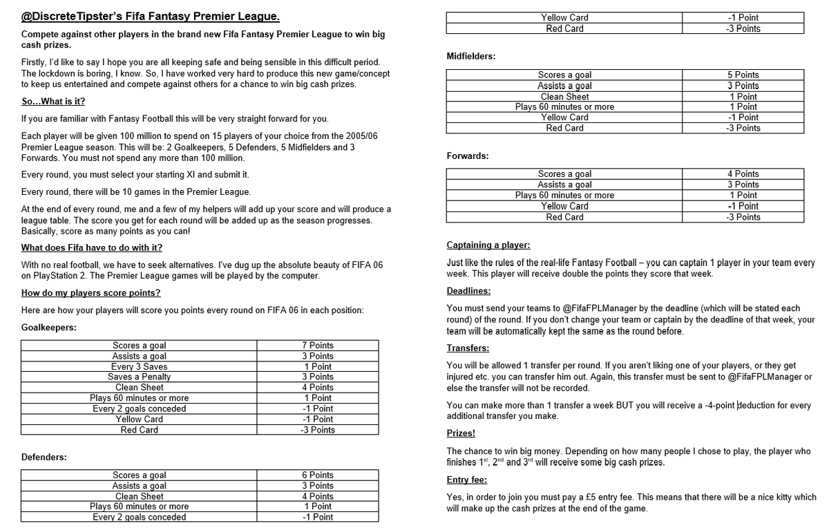 FifaFPLManager's tweet image. ⚽️HERE WE HAVE IT!

I present the FIFA Fantasy Football (2005-06) season. Compete against others for BIG cash prizes.

All of the rules can be found below. Feel free to ask any questions you have of the game.

⚠️If you want to enter and play, message @FifaFPLManager NOW!