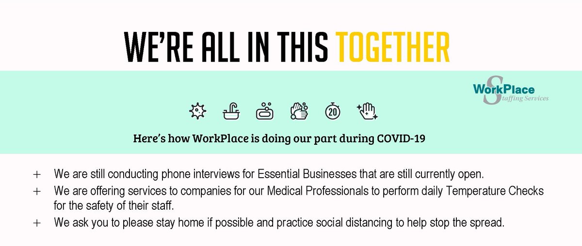 WorkPlace is dedicated to stopping the spread of COVID-19 and keeping our employees and employers healthy and safe.

Click below for more information on our website

#COVID19 #workplacestaffing #together

workplacestaff.com/covid-19-infor…