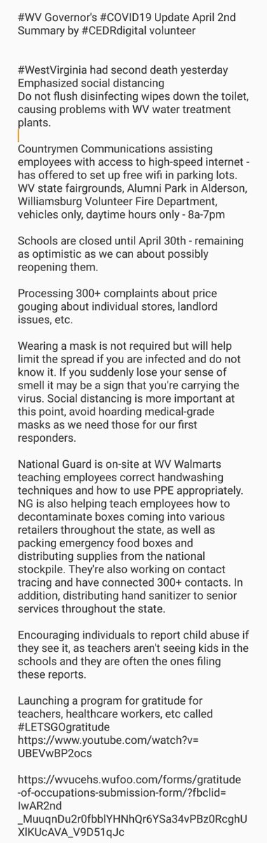 CEDRdigital's tweet photo. #WV Gov #COVID19 Update April 2nd
Summary by #CEDRdigital Volunteer
#Charleston #Morgantown #Wheeling #Huntington https://t.co/rjVsgwk588