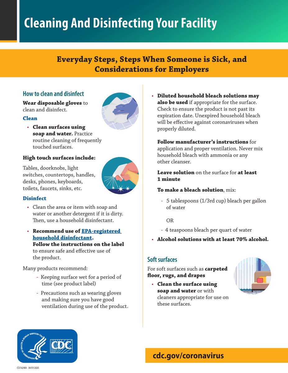 HospecoBrands's tweet photo. Cleaning And Disinfecting Your Facility - 
Everyday Steps, Steps When Someone is Sick, and
Considerations for Employers @CDCgov https://t.co/piyPqzjVLk