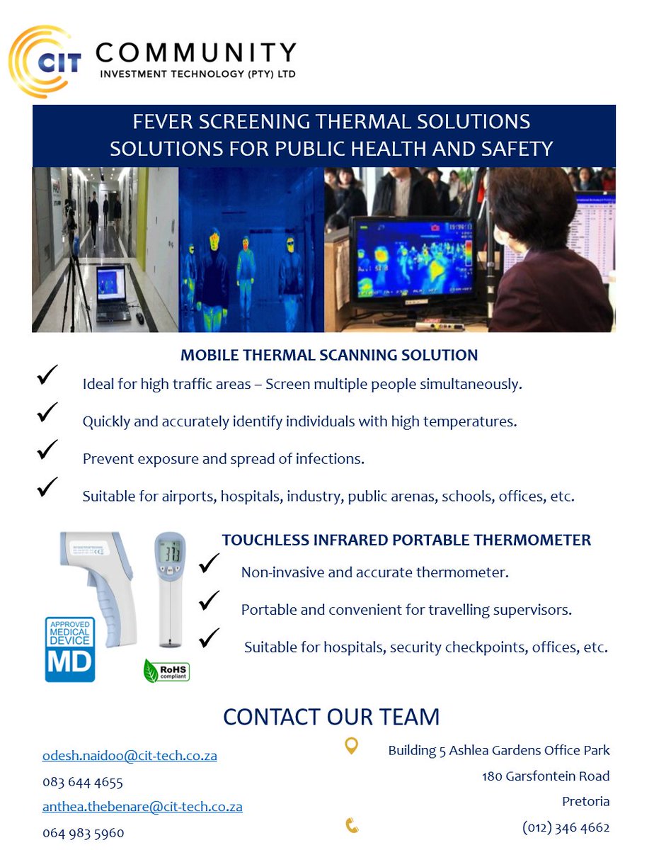 CITECH2020's tweet image. Early detection is critical to #FlattenTheCurve 
@CITECH2020 supply mobile Thermal Screening Solutions for airports, hospitals and corporate environments.
Screening is accurate and highly effective with crowds and public areas.
#publicsafety #thermal #COVID19SouthAfrica  #CCTV