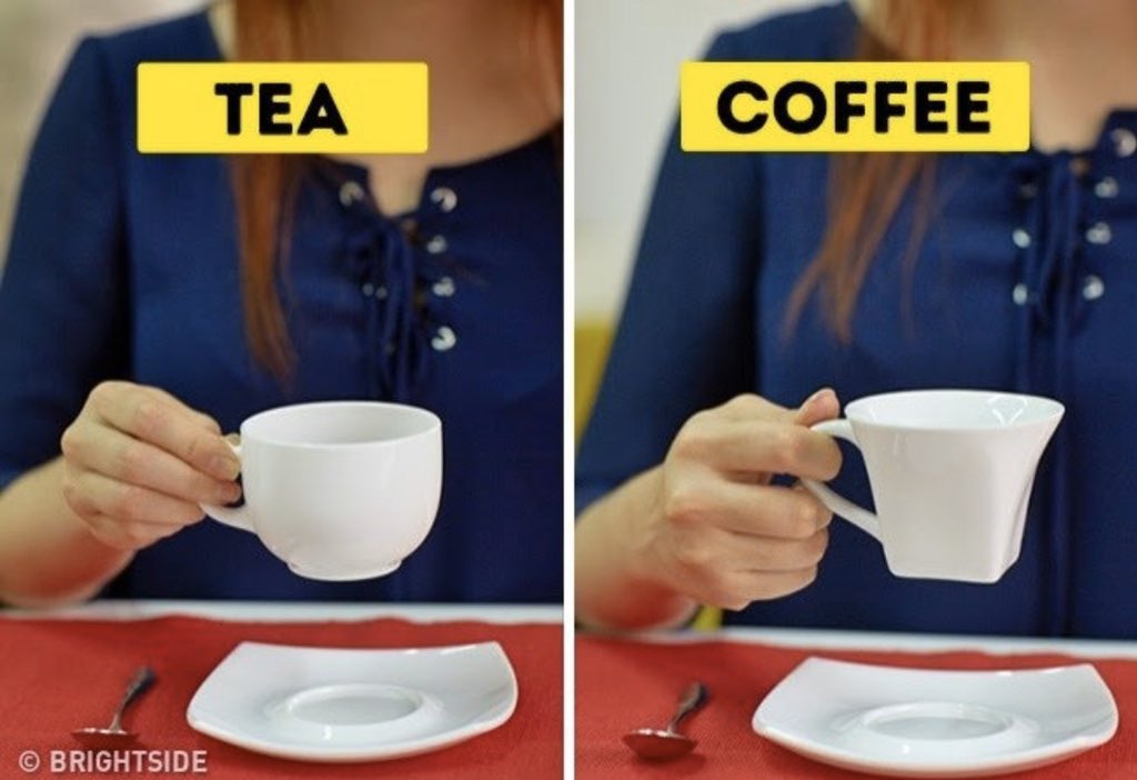 2. When holding a teacup, place your fingers to the front and the back of the handle. However, you can loop your fingers around the handle when drinking coffee. (See image)