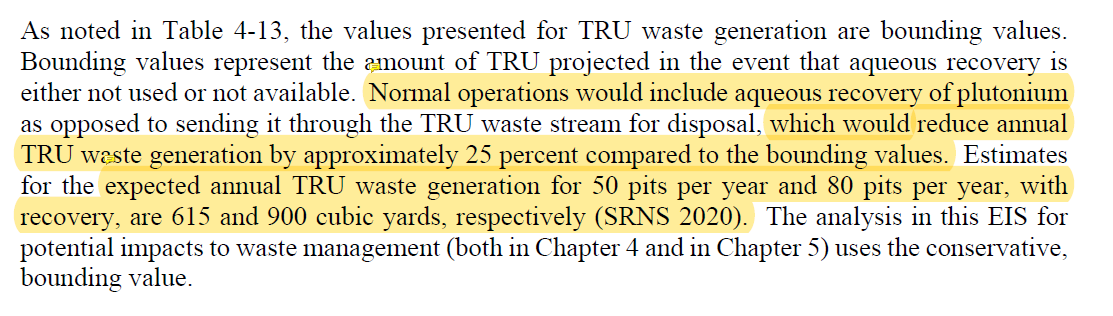 Also, it still looks like SRPPF would produce dramatically more transuranic waste (has elements heavier than uranium) than the  @LosAlamosNatLab pit plant planned at the lab's PF-4 Plutonium Facility.That's accounting, even, for aqueous recovery of Pu at SRS. Paging  @WIPPNEWS