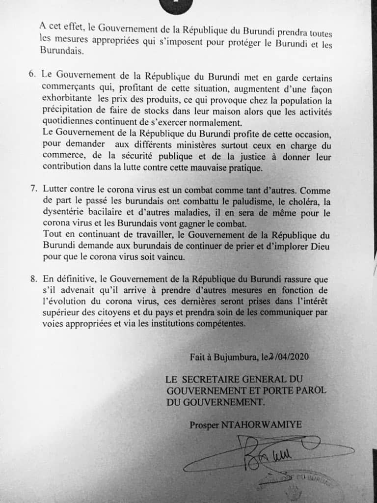  Communiqué du  @BurundiGov sur le  #coronavirus au  #Burundi:  Il n'y a pas de mesures différentes de celles déjà prises. S'il y en a, elles seront annoncées par les institutions appropriées. Évitez les rumeurs  Mise en garde des commerçants qui haussent les prix