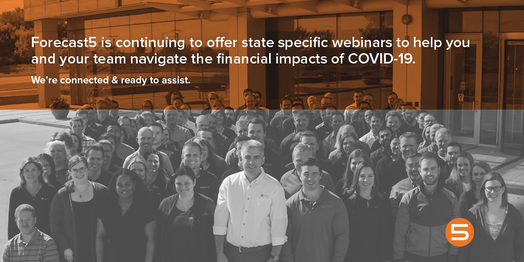 We're connected &amp; ready to assist. Forecast5 is continuing to offer state specific webinars to help you navigate the financial impacts of COVID-19. Join your peers in this collaborative discussion—register today. Additional state webinars to come. hubs.ly/H0p85kf0