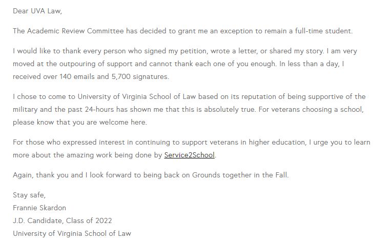 UVALaw's tweet photo. With Frannie Skardon’s permission, we are pleased to share her statement. We are thrilled with this outcome and regret any uncertainty the process caused. We have a long history of supporting service members at #UVALaw, and we're indebted to them and all who serve. https://t.co/Cf2ty0kKbO