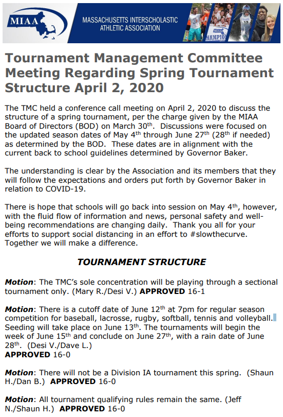 MIAA033's tweet photo. Read about the @MIAA033 TMC meeting which focused on spring tournament structure if there is a spring sports season. Stay well. #flattenthecurve #socialdistancing https://t.co/wOb6ISn7M8