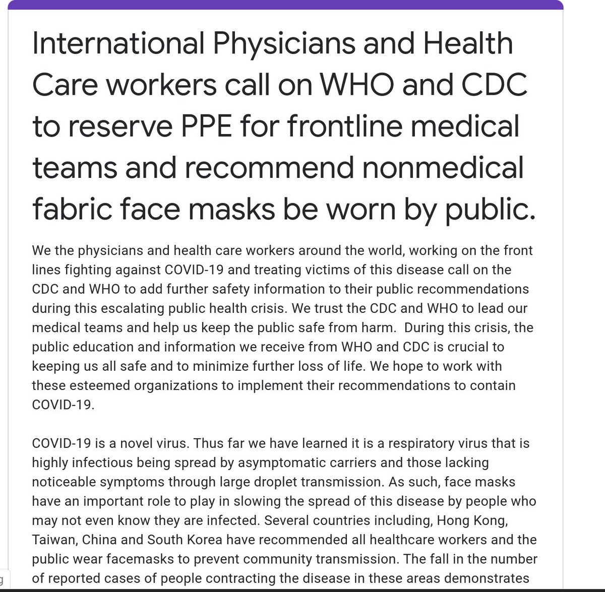 Health care workers! Please consider signing this petition asking for CDC and the WHO to give clear, evidence-based guidance on masks. Every person who's not infected is one less patient you have to care for during this time. Folks, feel free to share.  https://www.medwiser.org/sign-petition-international-physicians-and-health-care-workers-call-on-who-and-cdc-to-reserve-ppe-for-frontline-medical-teams-and-recommend-nonmedical-fabric-face-masks-be-worn-by-public/