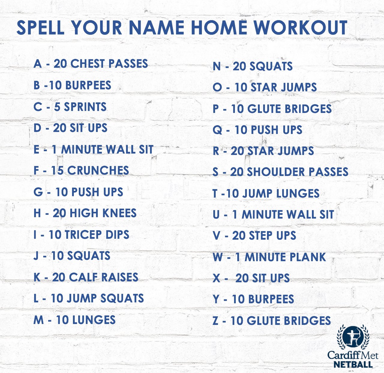 Cardiff Met Netball Club on Twitter "💪🏻SPELL YOUR NAME HOME WORKOUT💪🏻