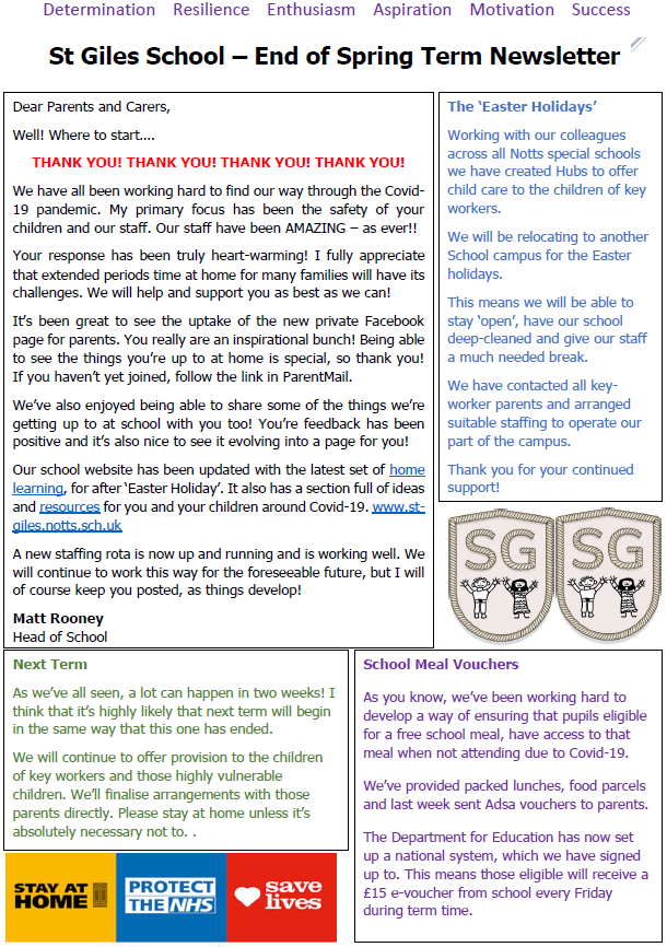 StGilesRetford's tweet photo. Here's our end of term #COVID19 update to parents. A different couple of weeks ahead as we join with other #Notts special schools in a 'Hub' for the Easter 'Holiday'. Good example of #PullingTogetherNotts to support parents, key workers and our staff. #StayAtHomeSaveLives https://t.co/nCzhC9rkEI