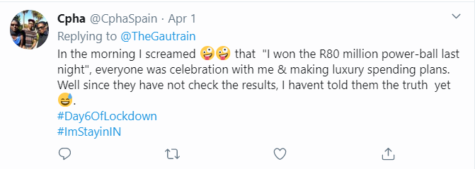 TheGautrain's tweet photo. Our winners for 01 April 2020 and 02 April 2020 in the #ImStayingIN campaign are: @CphaSpain @Tanya Weideman, Your R1000.00 Gautrain card prize for the #ImStayingIN campaign is waiting for you after the lock-down. Stay in and stay safe! https://t.co/6WgEMh6Tsb