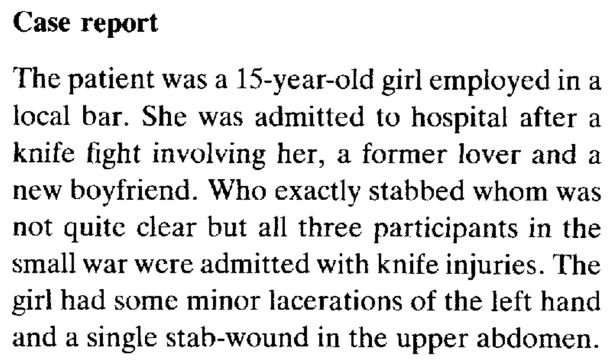 This is the start of our story. A 15 year-old girl and two men were admitted to the hospital after a knife fight. There were two holes in her stomach, which were repaired.